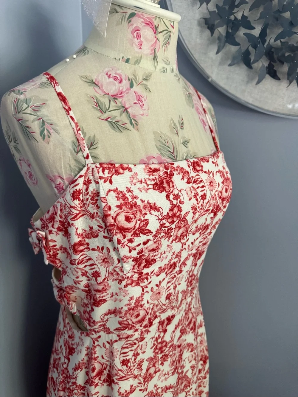 Wayf Red and Cream Floral Print Midi Dress with Cutout and Bow Details